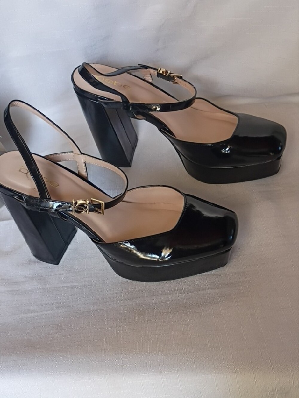 bebe Black Patent Slingback Block Heels with Gold Buckle Size 8